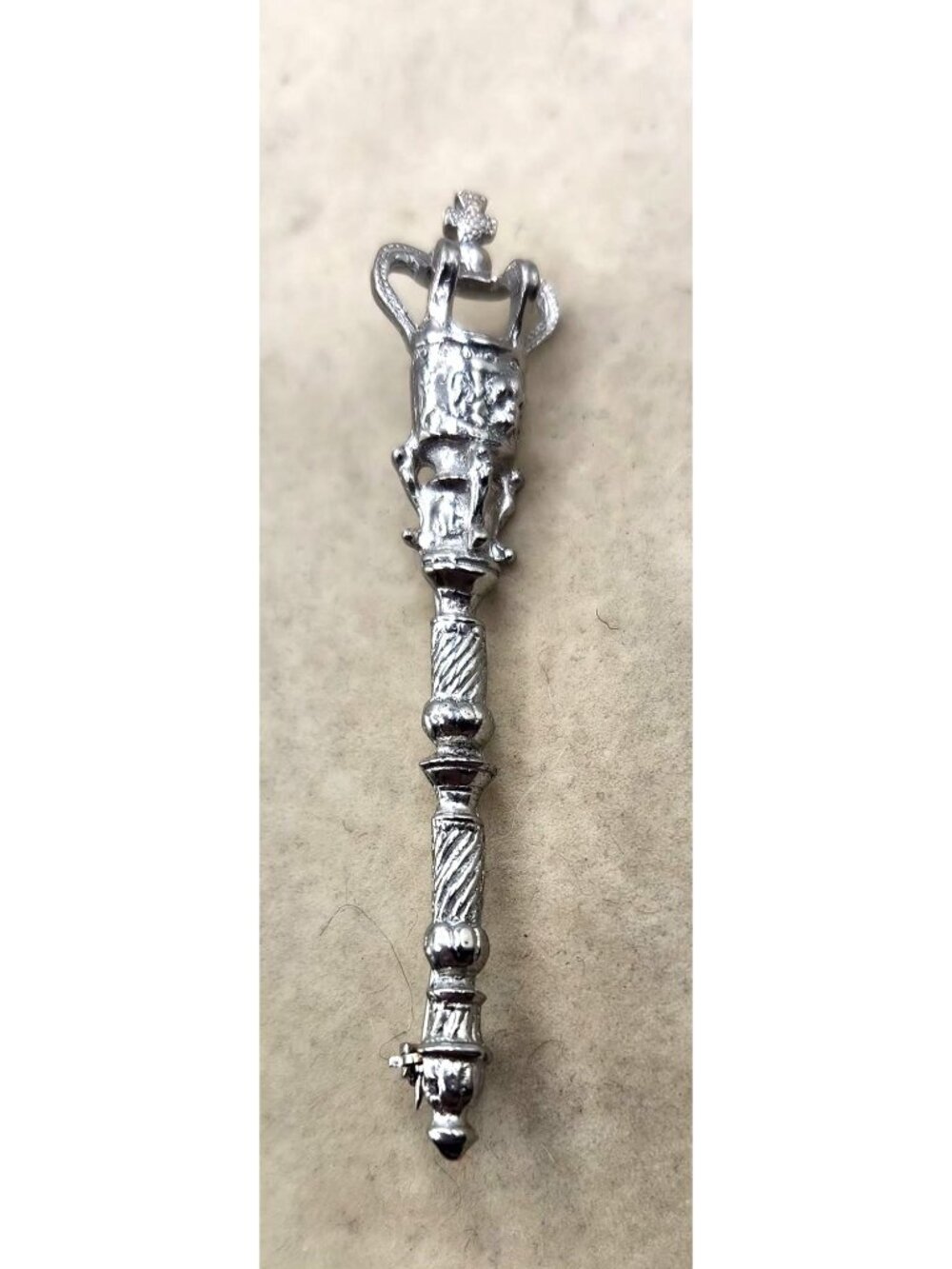 Ornate Silver-Tone Crown & Scepter Brooch